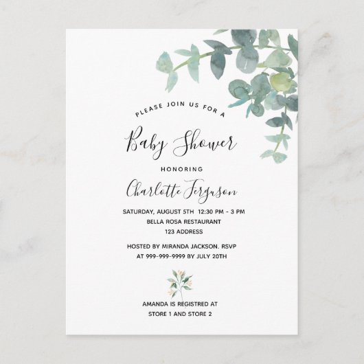 Carte Postale Baby shower verdoyant d'Eucalyptus (Devant)