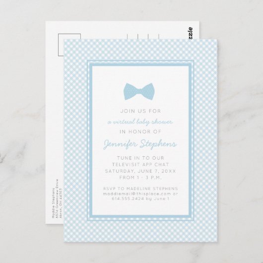 Carte Postale Baby shower virtuel cravate arc en vichy bleu (Devant / Derrière)