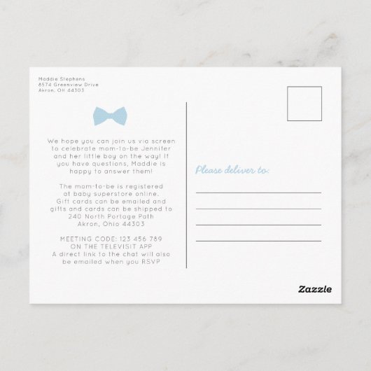 Carte Postale Baby shower virtuel cravate arc en vichy bleu (Dos)