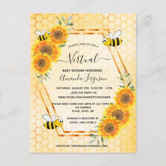 Carte Postale Baby shower virtuel de fleurs de soleil d'abeilles (Devant)