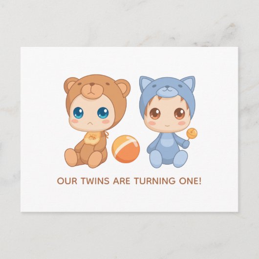 Carte Postale Baby Twins Premier anniversaire Chat Bear Invitati (Devant)