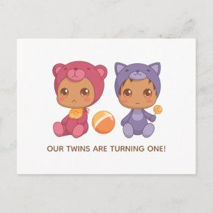 Carte Postale Baby Twins Premier anniversaire Chat Bear Invitati