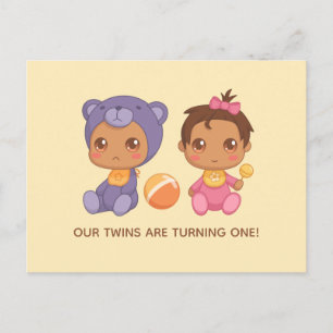 Carte Postale Baby Twins Premier anniversaire fille ours Invitat
