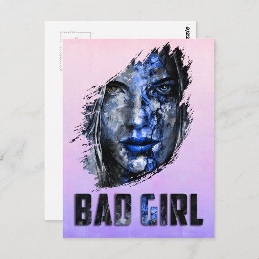 Carte Postale Bad Girl face Bleu pinceau et texte (Devant / Derrière)