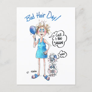 Carte Postale Bad Hair Day, robe bleue, expression déprimée