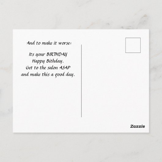 Carte Postale Bad Hair Day, robe bleue, expression déprimée (Dos)