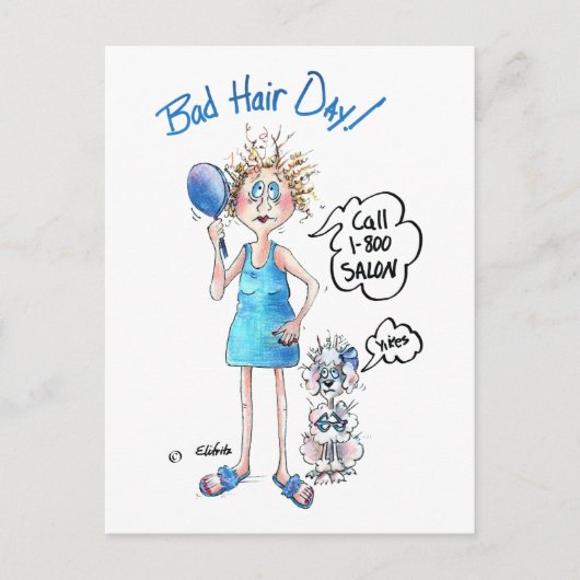 Carte Postale Bad Hair Day, robe bleue, expression déprimée (Devant)