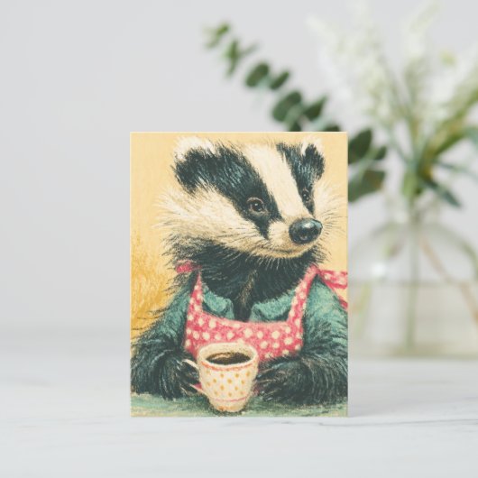 Carte Postale Badger adorable avec tablier à café Polka Rouge (Debout devant)