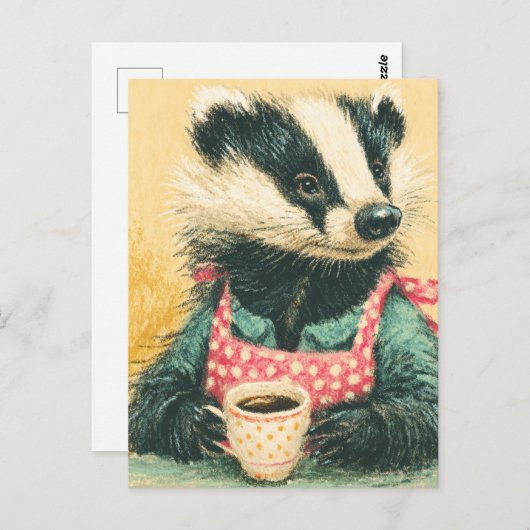 Carte Postale Badger adorable avec tablier à café Polka Rouge (Devant / Derrière)