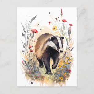 Carte Postale Badger d'aquarelle traversant une prairie de fleur