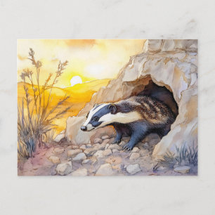 Carte Postale Badger émergeant d'un terrier au col de l'eau du l