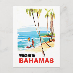Carte Postale Bahamas, Jeunes Gens sur la Plage et Palmiers