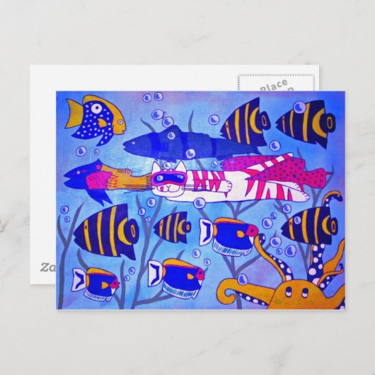 Carte Postale Baignade en chat avec poisson (Devant / Derrière)