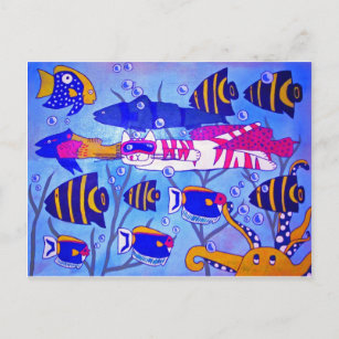 Carte Postale Baignade en chat avec poisson