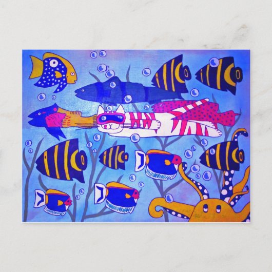 Carte Postale Baignade en chat avec poisson (Devant)