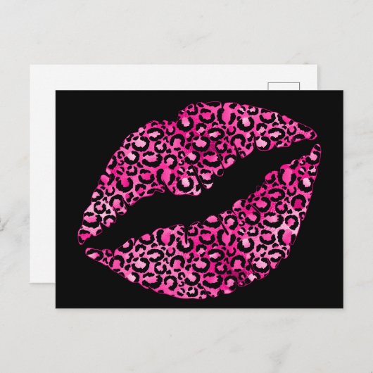 Carte Postale Baiser à lèvres noir et rose chaud Leopard (Devant / Derrière)