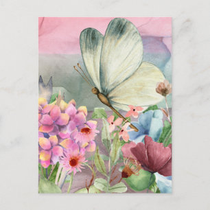 Carte Postale Baisers aux papillons colorés entre Fleurs sauvage