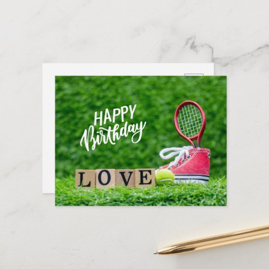 Carte Postale Bal de tennis avec Joyeux Anniversaire avec amour (Devant/Arrière en situation)