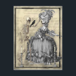 Carte Postale Bal Masquerade Halloween<br><div class="desc">Un collage gothique romantique foncé d'une boule de mascarade d'Halloween, avec des images vintage d'un squelette, une plaque de mode française du 18ème siècle, des bâtons de bougie, un chat pétrifié, posé sur un arrière - plan d'un témoignage manuscrit réel des procès de Salem Witch.© Wickarly Lovely © Julie McIver/WickvedLovely...</div>