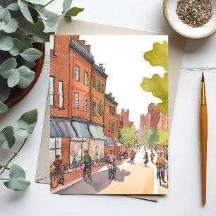 Carte Postale Balade en vélo à Boston Aquarelle North End MA