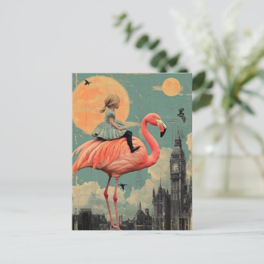 Carte Postale Balades enfant sur un Flamant rose rose (Debout devant)