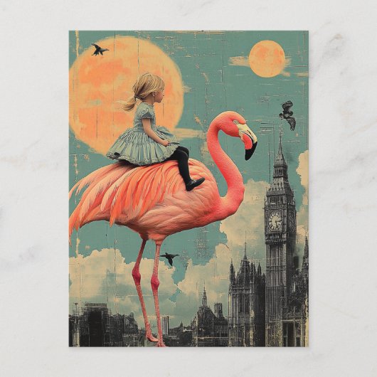 Carte Postale Balades enfant sur un Flamant rose rose (Devant)