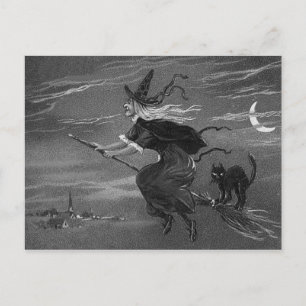 Carte Postale Balai de sorcière monochrome chat noir