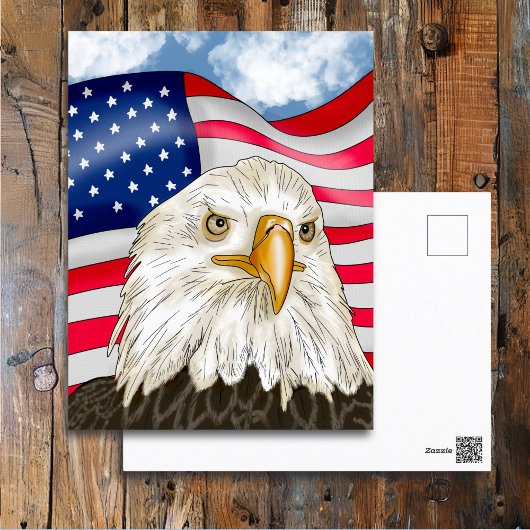 Carte Postale Bald Eagle devant le drapeau américain Art patriot