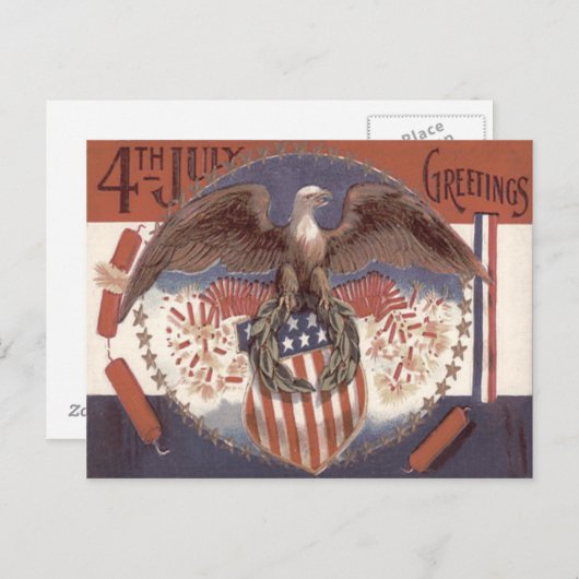 Carte Postale Bald Eagle Wreath American Shield Fireworks (Devant / Derrière)