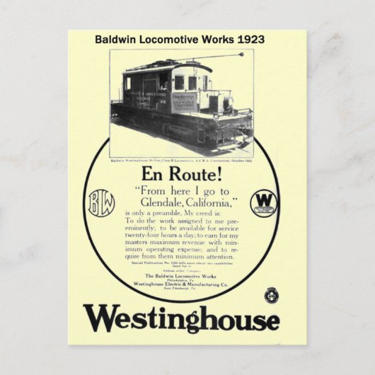 Carte postale Baldwin-Westinghouse Locomotive 1923 (Devant)