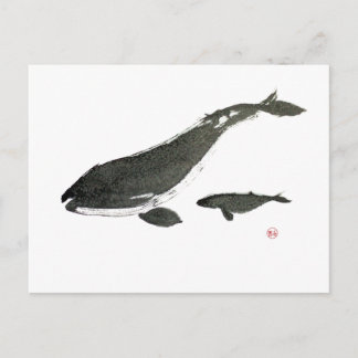 Carte Postale Baleine grise maman et bébé peinture à l'encre sum