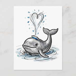 Carte Postale Baleine joyeuse pulvérisant une fontaine de cœur e