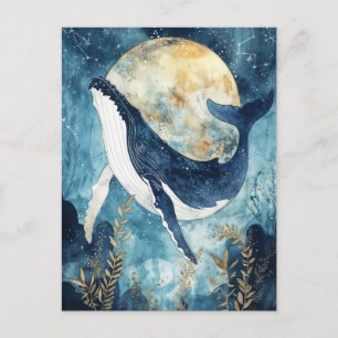 Carte Postale Baleine sous pleine lune avec ciel étoilé