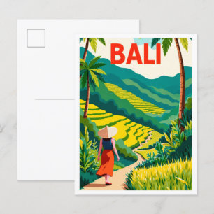 Carte Postale Bali Indonésie Art Vintage Illustration Voyage