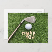 Carte Postale Balle de golf avec le mot merci sur l'herbe verte (Devant / Derrière)