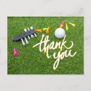 Carte Postale Balle de golf et tee coloré herbe verte merci