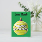 Carte Postale Balle de tennis avec chapeau d'anniversaire joyeux (Debout devant)