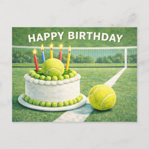Carte Postale Balle de tennis avec joyeux anniversaire et gâteau