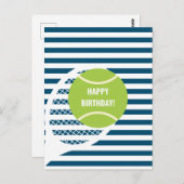 Carte Postale Balle de Tennis Vert moderne rayé Anniversaire (Devant / Derrière)