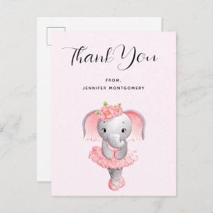 Carte Postale Ballerina Eléphant Cute Rose & Merci Gris
