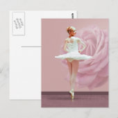 Carte Postale Ballerina en blanc avec Rose rose (Devant / Derrière)