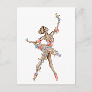 Carte Postale Ballerine dansante à l'aquarelle avec papillon 
