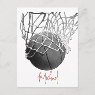 Carte Postale Ballon et filet de basket-ball noir et blanc Votre