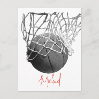 Carte Postale Ballon et filet de basket-ball noir et blanc Votre