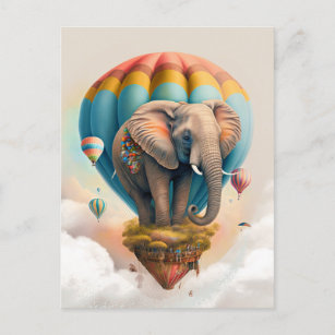 Carte Postale Ballons à air chaud Eléphant mignon animal Whimsic