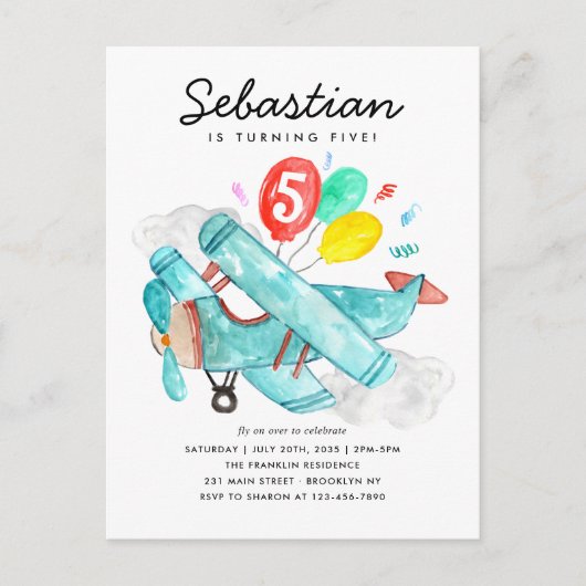 Carte Postale Ballons d'aquarelle mignonne Avion Anniversaire (Devant)