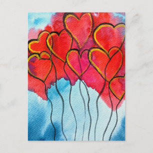 Carte Postale Ballons de coeur rouge Valentine aquarelle