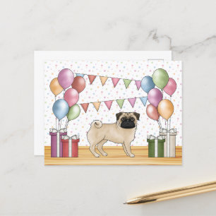 Carte Postale Ballons de fête colorés pastel de couleur Fawn Pug