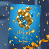 Carte Postale Ballons dorés et bleus et Anniversaire avec Confet