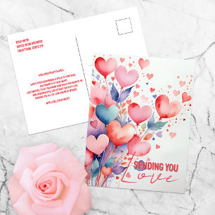 Carte Postale Ballons en forme de cœur à l'aquarelle avec écritu